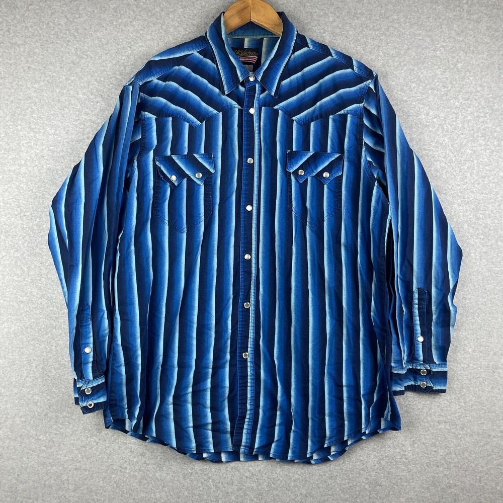 Vintage US Western Shirt Mens XL Blue Pearl Snap Rodeo Cowboy Rockabilly Stripes